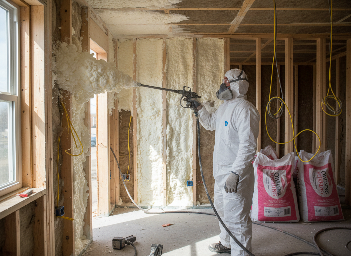 Spray foam insulation being applied in new construction wall cavity