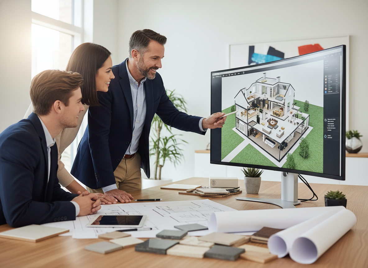 Builder and client reviewing 3D floor plan rendering on large monitor