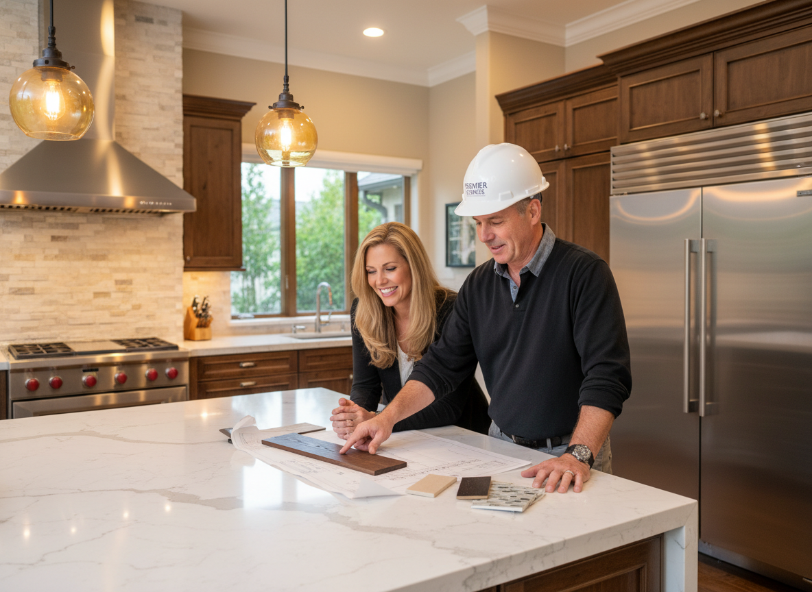 Builder consulting with couple at model home kitchen with Wolf range