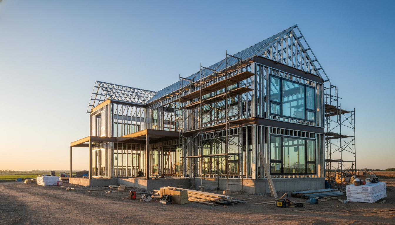 Modern farmhouse under construction with steel framing and Marvin Ultimate windows